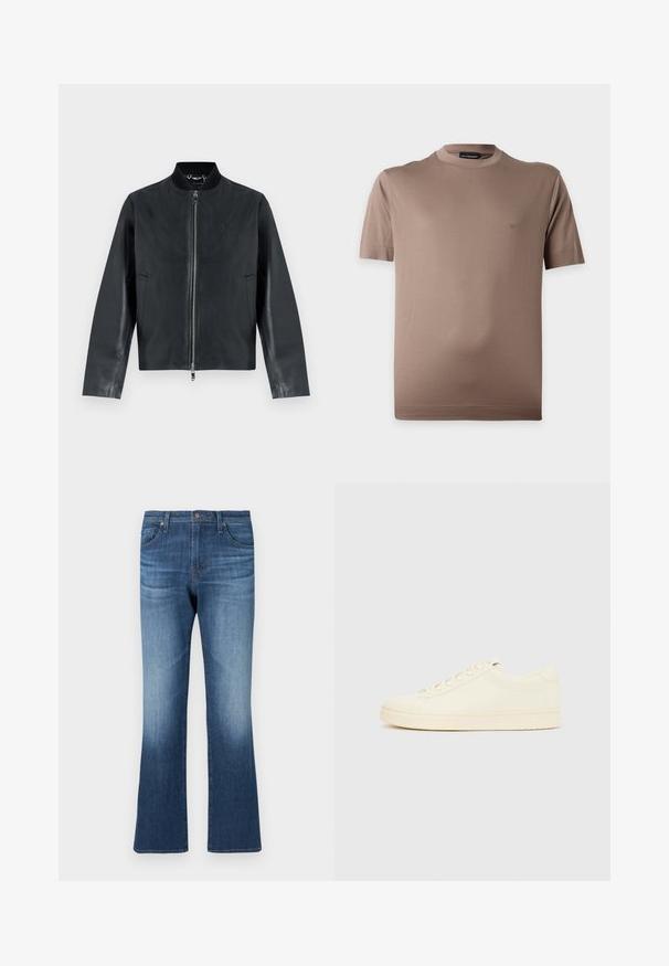 Veste bomber en cuir noir avec fermeture éclair frontale, col côtelé et deux poches latérales.; T-shirt marron à manches courtes avec col rond et petit logo sur la poitrine gauche, présenté sur fond blanc.; Jean évasé en denim bleu foncé avec une finition délavée. Comprend cinq poches, des passants pour ceinture et une fermeture éclair avec un bouton.; Baskets couleur crème avec une tige en cuir lisse, bout arrondi, laçage à l'avant et semelle en caoutchouc texturée. Design minimaliste, sans logo.