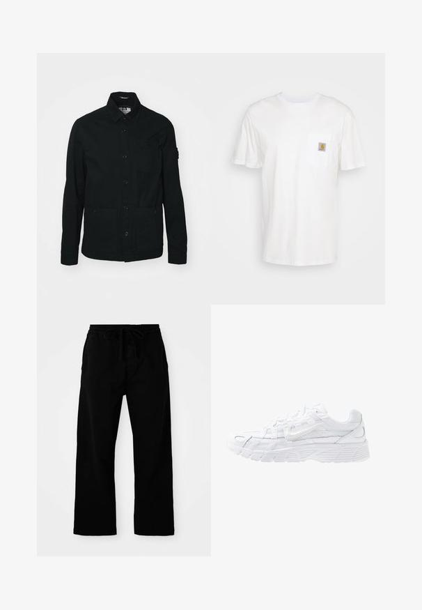 Schwarze, langärmelige Shirtjacke aus Baumwolle, mit einer durchgehenden Knopfleiste, zwei großen Fronttaschen und einer kleinen Brusttasche.; Weißes Baumwoll-T-Shirt mit kurzen Ärmeln, einer Brusttasche und einem kleinen quadratischen Logopatch in Orange und Weiß auf der Tasche.; Schwarze, elastische Hosen mit verstellbarem Kordelzug, weitem Bein und glatter Baumwollstruktur. Keine sichtbaren Muster oder Hardware-Details.; Nike Sportswear P 6000 - Sneaker low - white/platinum tint