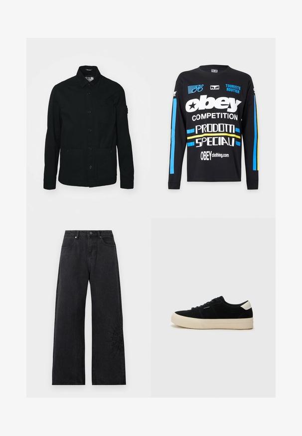 Chaqueta de camisa negra de manga larga hecha de algodón, con un cierre de botones en la parte delantera, dos grandes bolsillos frontales y un pequeño bolsillo en el pecho.; Camisa negra de manga larga con texto en blanco y azul que dice "obey competition prodotti speciali,", franjas azules y amarillas en las mangas y pequeños logotipos en el pecho.; Vaqueros negros de pierna ancha con cinco bolsillos, cierre de botón y cremallera, y un discreto diseño de sol bordado cerca del dobladillo inferior en la pierna derecha.; Zapatilla de ante negra con una gruesa suela de goma beige, punta redonda y cordones negros. Presenta un acento blanco en el talón. Diseño sencillo y clásico.