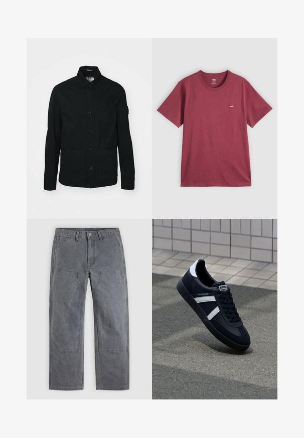 Sort, langærmet skjortejakke lavet af bomuld, med knaplukning foran, to store lommer foran og en lille brystlomme.; Ensfarvet bordeaux kortærmet t-shirt med rund hals og et lille rødt Levi's-logo på venstre bryst.; Grå bukser med lige ben, forstærkede knælapper, forlommer og bæltestropper, vist fladt på en ensfarvet baggrund.; Sort lædersneaker med hvide striber, tekstureret gummisål og snørrebånd foran. Har et brandet mærke på tungen.