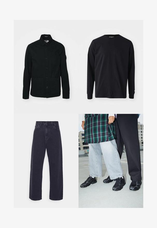 Schwarze, langärmelige Shirtjacke aus Baumwolle, mit einer durchgehenden Knopfleiste, zwei großen Fronttaschen und einer kleinen Brusttasche.; Schwarzes Langarm-T-Shirt aus Baumwolle mit rundem Halsausschnitt und geradem Schnitt, mit einem kleinen Logodetail am Ärmel.; Dunkelblaue Jeans mit weitem Bein, hoher Taille und Fünf-Taschen-Design. Mit einer klassischen Knopf- und Reißverschlussöffnung ausgestattet.; Schwarze Sportschuhe mit Mesh- und Gummielementen. Kombiniert mit hellgrauen weiten Jeans und einem karierten grünen Oberteil. Flacher Hintergrund.