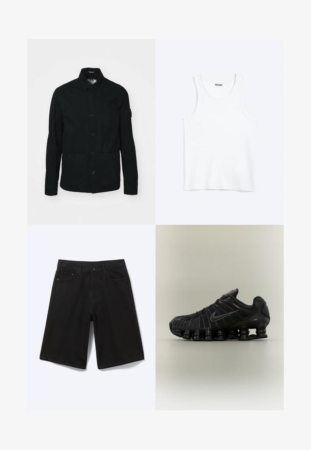 Schwarze, langärmelige Shirtjacke aus Baumwolle, mit einer durchgehenden Knopfleiste, zwei großen Fronttaschen und einer kleinen Brusttasche.; Weißes ärmelloses Tanktop mit rundem Ausschnitt und Weekday-Markenetikett auf der Innenseite des hinteren Kragens, flach auf hellem Hintergrund dargestellt.; Schwarze knielange Jeansshorts mit Frontknopf, Gürtelschlaufen und fünf Taschen, dargestellt vor weißem Hintergrund.; Schwarzer Nike Laufschuh mit federartiger segmentierter Sohle, Mesh-Obermaterial und passendem schwarzem Swoosh-Logo an der Seite.