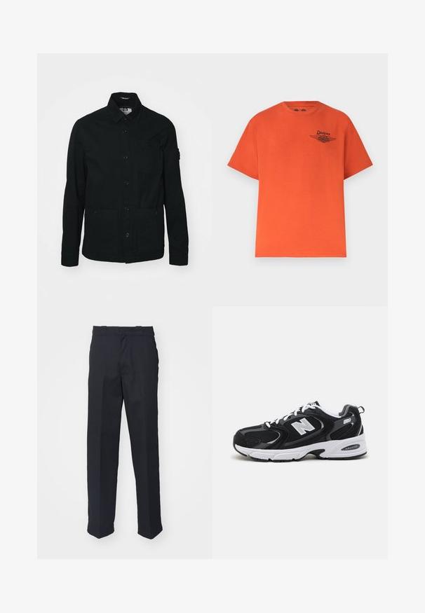 Sort, langærmet skjortejakke lavet af bomuld, med knaplukning foran, to store lommer foran og en lille brystlomme.; Lys orange kortærmet T-shirt med rund hals og lille sort Dickies- og Harley-Davidson-logo på venstre bryst.; Sorte skræddersyede bukser med lige ben, fremstillet af glat stof, med et taljebånd med løkker og uden synlige mønstre eller hardware.; Sorte og grå sportssko med mesh og ruskind på overdelen, der har en hvid mellemsål, snørebånd og et iøjnefaldende "N" logo på siden.