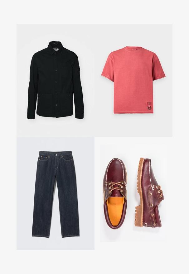 Zwarte, lange mouwen shirtjack gemaakt van katoen, met een knoopsluiting aan de voorkant, twee grote voorzakken en een kleine borstzak.; Rood verkleurd T-shirt met korte mouwen, ronde hals, klein merkdetail en metalen ring bij de zoom.; Donkerblauwe spijkerbroek met een rechte pasvorm, riemlussen, voor- en achterzakken en contrasterende stiksels. Geen zichtbare patronen of versieringen.; Bordeaux leren schoenen met bruine rubberen zolen, ronde neus, witte stiksels en gouden veterogen. Het interieur heeft een gele voering.