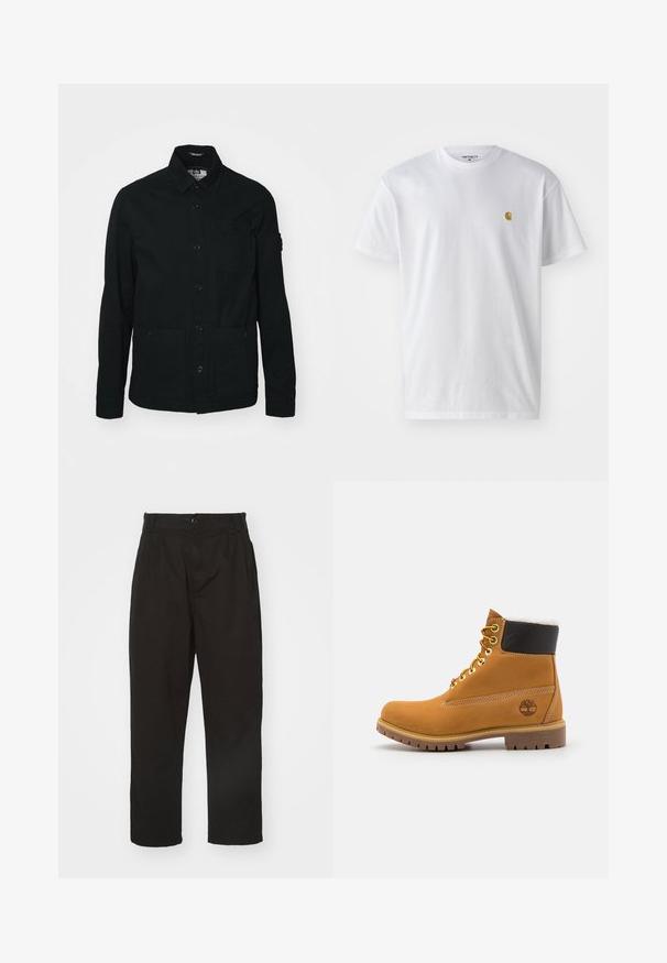 Schwarze, langärmelige Shirtjacke aus Baumwolle, mit einer durchgehenden Knopfleiste, zwei großen Fronttaschen und einer kleinen Brusttasche.; Weißes Baumwoll-T-Shirt mit kurzen Ärmeln, Rundhalsausschnitt, mit einem kleinen goldenen Logo im linken Brustbereich. Weicher Stoff und normale Passform.; Schwarze Hose aus glattem Stoff, mit Knopfverschluss, geradem Schnitt und zwei vorderen Falten für zusätzlichen Detail.; Braune Leder-Ankle-Boots mit Metallösen, weißem Kunstfellfutter, schwarzem gepolstertem Kragen, robustem Sohlenprofil und geprägtem Logo an der Seite.