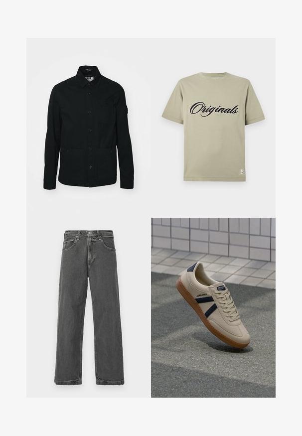 Sort, langærmet skjortejakke lavet af bomuld, med knaplukning foran, to store lommer foran og en lille brystlomme.; Grågrøn bomulds-T-shirt med et sort kursivt "Originals"-motiv på forsiden. Rund halsudskæring og korte ærmer.; Grå denimjeans med lige ben, fem lommer og knaplukning. Har subtile slidmærker og en let slidt tekstur.; Beige sneaker med struktureret overflade, marineblå striber og gummisål. Har en polstret tunge og traditionelt snørresystem for en sikker pasform.