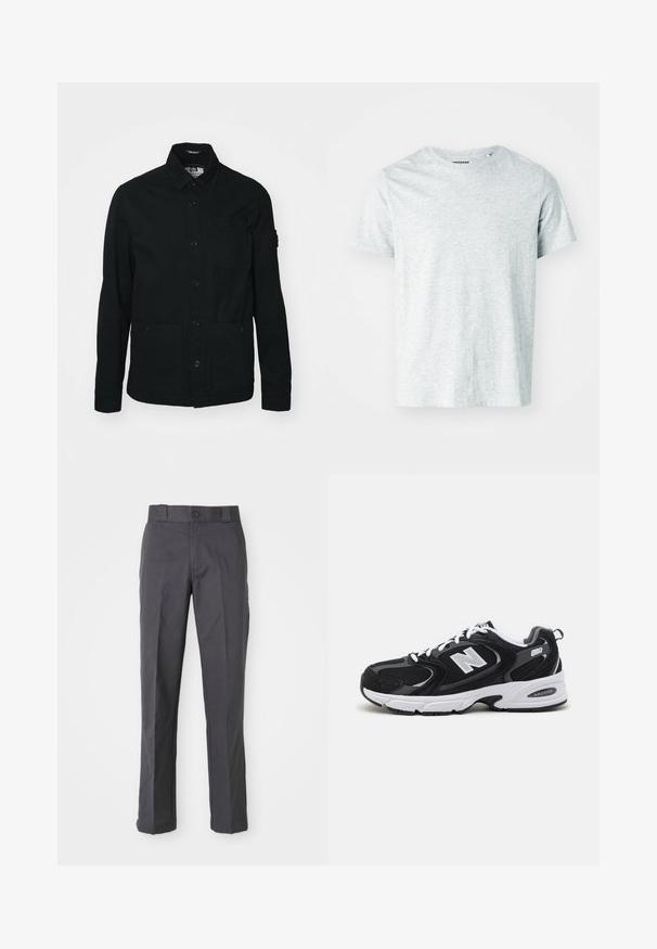 Sort, langærmet skjortejakke lavet af bomuld, med knaplukning foran, to store lommer foran og en lille brystlomme.; Lys grå, kortærmet t-shirt lavet af blødt stof, med en rund hals og en let afslappet pasform. Ingen synlige mønstre eller grafik.; Mørkegrå bukser lavet af bomuldsblanding, der har et lige ben-design, frontlommer og en knaplukning i taljen.; Sorte og grå sportssko med mesh og ruskind på overdelen, der har en hvid mellemsål, snørebånd og et iøjnefaldende "N" logo på siden.