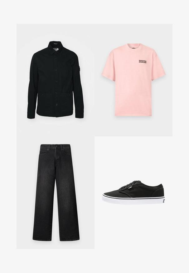 Chaqueta de camisa negra de manga larga hecha de algodón, con un cierre de botones en la parte delantera, dos grandes bolsillos frontales y un pequeño bolsillo en el pecho.; Camiseta de manga corta color rosa claro con cuello redondo y pequeño logo negro de "Dickies" en el pecho izquierdo.; Vaqueros de mezclilla negros de pierna ancha con cintura alta, diseño de cinco bolsillos y cierre frontal con un solo botón. Textura lisa con detalles mínimos.; Zapatillas de lona negras con suelas de goma blancas, punta redondeada, cinco ojales, branding mínimo y costuras en blanco y negro.