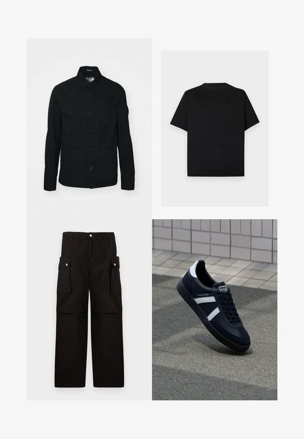 Schwarze, langärmelige Shirtjacke aus Baumwolle, mit einer durchgehenden Knopfleiste, zwei großen Fronttaschen und einer kleinen Brusttasche.; Ein einfaches schwarzes T-Shirt mit kurzen Ärmeln und Rundhalsausschnitt, dargestellt vor einem hellgrauen Hintergrund.; Schwarze Cargo-Hosen aus weichem Stoff, mit einem elastischen Bund, seitlichen Taschen mit Klappen und einem lockeren, geraden Schnitt.; Schwarze Leder-Sneaker mit weißen Streifen, strukturiertem Gummisohle und Schnürung. Verfügt über ein Markenetikett auf der Zunge.