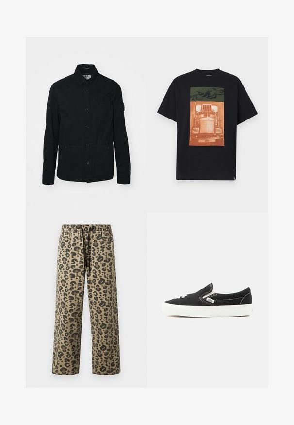Sort, langærmet skjortejakke lavet af bomuld, med knaplukning foran, to store lommer foran og en lille brystlomme.; Sort kortærmet t-shirt med et motiv, der viser fronten af en stiliseret orange lastbil og mørkegrønne abstrakte former over den.; Leopardmønstrede bukser i tan- og brune farver med elastik i taljen og snøre, sidelommer og en afslappet pasform.; Sort Vans slip-on sneaker med hvid gummisål, hvid syning og elastiske sidestropper, set fra ydersiden.