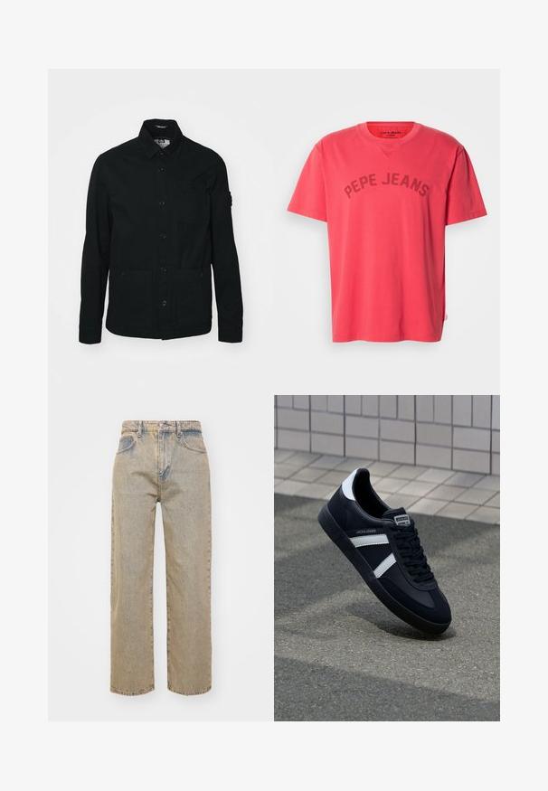 Sort, langærmet skjortejakke lavet af bomuld, med knaplukning foran, to store lommer foran og en lille brystlomme.; Koralfarvet bomulds-T-shirt med korte ærmer og rund halsudskæring. Har "PEPE JEANS" trykt i mørke bogstaver hen over brystet.; Beige denim jeans med lige ben, der har høj talje, fem-lomme design og subtilt falmende for tekstur. Sølvknaplukning.; Sort lædersneaker med hvide striber, tekstureret gummisål og snørrebånd foran. Har et brandet mærke på tungen.