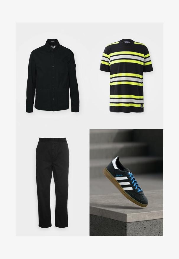 Sort, langærmet skjortejakke lavet af bomuld, med knaplukning foran, to store lommer foran og en lille brystlomme.; Sort T-shirt med vandrette striber i neongul, hvid og sort. Har en rund halsudskæring og et Adidas-logo nederst til venstre.; Sorte bomuldsbukser med elastisk talje, lige ben og sidelommer. Glat tekstur uden mønstre eller accenter.; Sort Adidas sneaker med hvide striber, blå snørebånd og gummisål, der svæver over gråt betontrin i blødt lys.