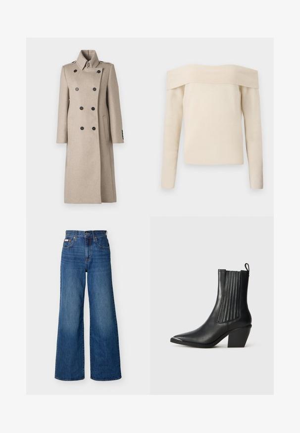 Manteau beige à double boutonnage en mélange de laine, avec un col haut, des boutons noirs, une coupe droite et des poches latérales pour un look structuré.; Pull en tricot crème à épaules dénudées, avec des manches longues et une texture côtelée. Coupe boxy, présentant un large col et un minimum de détails.; Jeans en denim bleu à jambes larges avec taille haute, bouton frontal, fermeture éclair et design à cinq poches sur un fond uni.; Botte noire en cuir jusqu'à la cheville avec un bout pointu, des panneaux latéraux côtelés, et un talon épais, sur un fond en carreaux texturés.