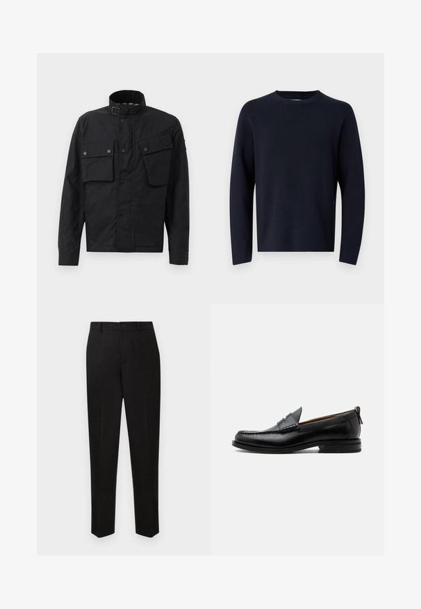 Sort jakke lavet af holdbart stof, med høj krave, trykknapper, to frontlommer og en lige skæring.; Marinblå sweater, rund halsudskæring, lange ærmer, lavet af blødt stof med en glat tekstur. Enkelt design, ingen synlige mønstre eller hardware.; Sorte skræddersyede bukser med et straight-leg design, der har lukning med knap og subtil tekstur. Ingen synlige mønstre eller accenter.; Sort læder herre loafer med moc-tå syning, penny strop, struktureret krave og lav stablet hæl på hvid baggrund.