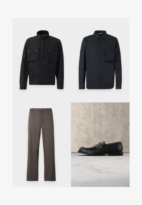 Zwarte jas gemaakt van duurzaam materiaal, met een hoge kraag, drukknoopsluiting, twee voorke pockets en een recht gesneden ontwerp.; Zwarte langärmige shirt gemaakt van gladde stof. Bevat een button-down kraag en een linkerkastzak met een ritssluiting. Klassieke pasvorm.; Bruine katoenen broek met een rechte pijp, voorzien van riemlussen en een gladde textuur. Geen zichtbare patronen of metalen details.; Zwarte leren loafer met een metalen merktekenplaatje, rustend bij een bruine ronde tafel op een beige tapijtvloer.