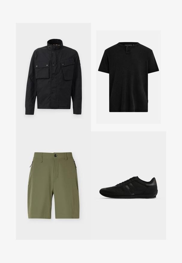 Sort jakke lavet af holdbart stof, med høj krave, trykknapper, to frontlommer og en lige skæring.; Sort kortærmet ribstrikket T-shirt med rund halsudskæring og to-knaps lukning foran i midten.; Mandeshorts i olivengrøn, knælange, med knaplukning og lynlåslommer i siden på hvid baggrund.; Sort lavtop sneaker med snørebånd, mesh- og læderpaneler og "BOSS"-logo på siden, vist på en ensfarvet lys baggrund.