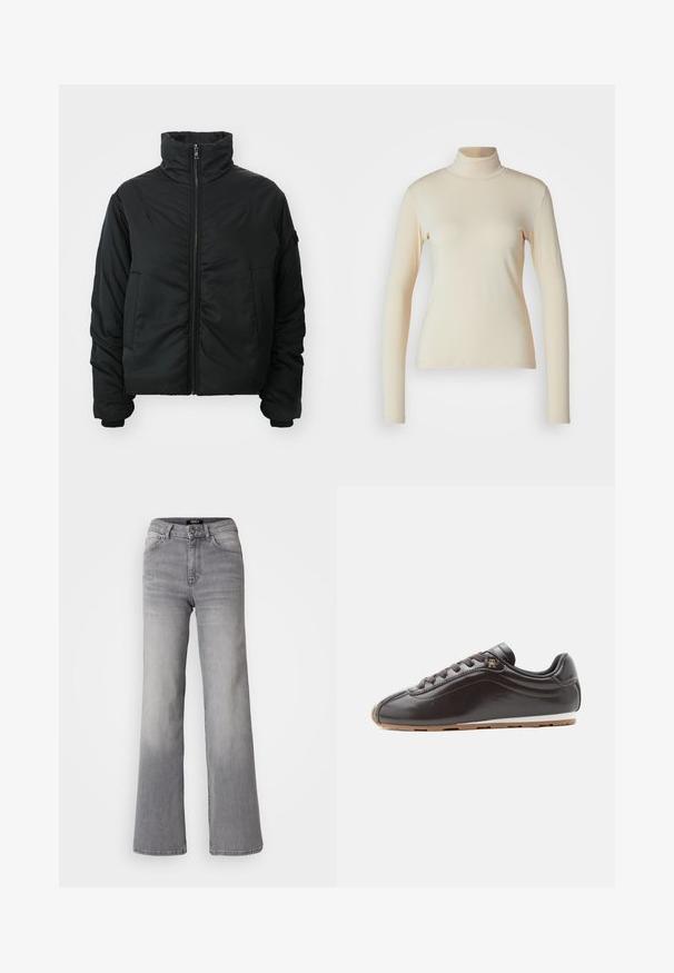 Sort polstret jakke med høj krave, lynlåslukning, lange ærmer og to frontlommer. Glat tekstur, kort design uden mønstre.; Cremefarvet langærmet turtleneck top lavet af glat, strækbart stof; tætsiddende design med høj hals og ingen synlige mønstre eller detaljer.; Højtaljede grå denim jeans med lige ben, med frontknap og lynlås, foran og bagpå lommer, samt nedtoning på lår og lægge.; Mørkebrun lav sneakers med snørelukning foran, glat læderoverdel og en lysebrun gummisål.