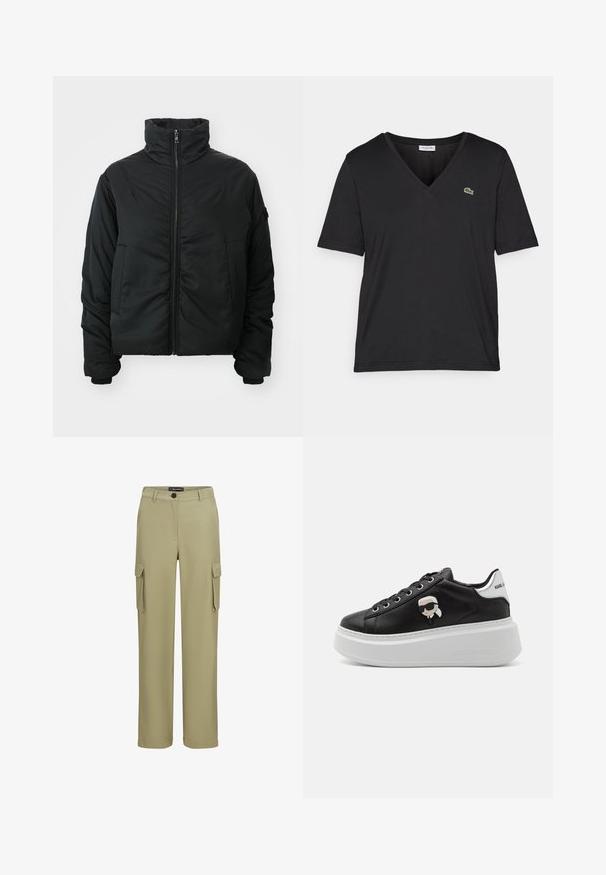 Sort polstret jakke med høj krave, lynlåslukning, lange ærmer og to frontlommer. Glat tekstur, kort design uden mønstre.; Sort kortærmet t-shirt med v-hals design, lavet af blødt materiale. Har et lille grønt Lacoste-logo på venstre bryst.; Khaki cargo bukser lavet af blødt stof. Har to sidelommer og knaplukning. Lige ben-design med en skræddersyet afslutning.; Sorte platform sneakers lavet af syntetisk læder med rund hvid sål, med snørebåndsdesign og tegneseriemotiv på siden.