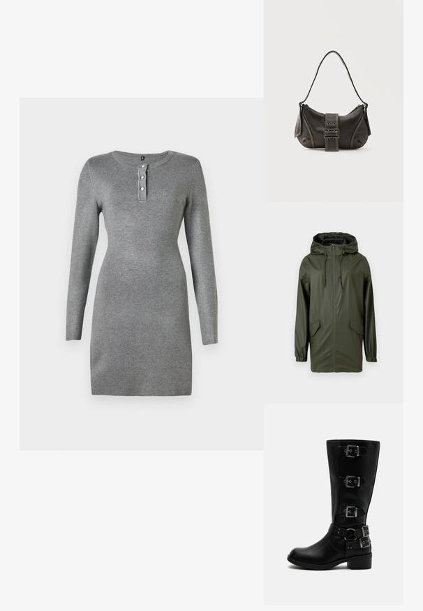 Chaqueta de lluvia impermeable verde, con capucha, cremallera frontal, puños elásticos y dos bolsillos laterales. Textura suave y diseño de longitud media.; Vestido gris de manga larga con forma ajustada, escote redondo y tapeta de tres botones. Tejido texturizado con un acabado suave.; Bota negra de cuero hasta media pantorrilla con cuatro hebillas metálicas ajustables y un tacón bajo en bloque sobre fondo blanco.; Bolso de hombro de cuero negro con detalle de correa con hebilla, bordes curvos y costuras blancas en contraste sobre un fondo liso.