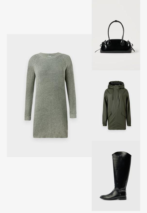 Chaqueta de lluvia impermeable verde, con capucha, cremallera frontal, puños elásticos y dos bolsillos laterales. Textura suave y diseño de longitud media.; Vestido de suéter de punto grueso en suave color verde salvia, con escote redondo, mangas largas y puños y dobladillo acanalados para darle textura.; Bota alta de cuero negro con punta puntiaguda, tacón bajo y detalle de metal plateado en el tobillo sobre un fondo blanco liso.; Pequeño bolso negro brillante con dos asas largas y detalles de cordón lateral sobre un fondo claro liso.