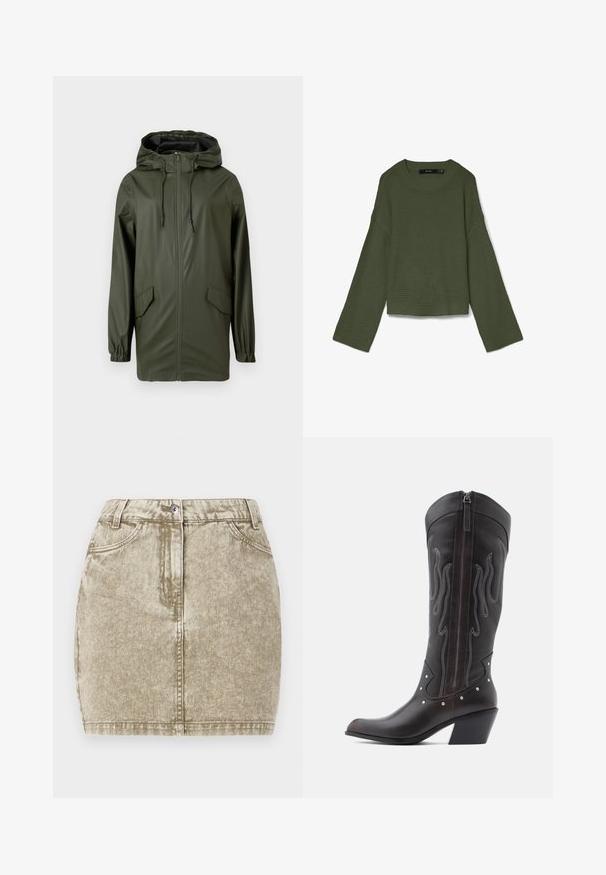 Grøn vandtæt regnjakke med hætte, frontlynlås, elastiske manchetter og to sidelommer. Glat tekstur og mellemlang design.; Olivengrøn wafflestrikket sweater med lange, brede ærmer, rund halsudskæring samt ribstrikkede manchetter og kant, lagt fladt på hvid baggrund.; Khaki denimnederdel med en tekstureret overflade, fem lommer, knaplukning foran og sydekoration langs kanterne.; Brune læder cowboystøvler med flammebroderi, sidelukning med lynlås, sølvnitter, spids snude og lagdelt hæl.