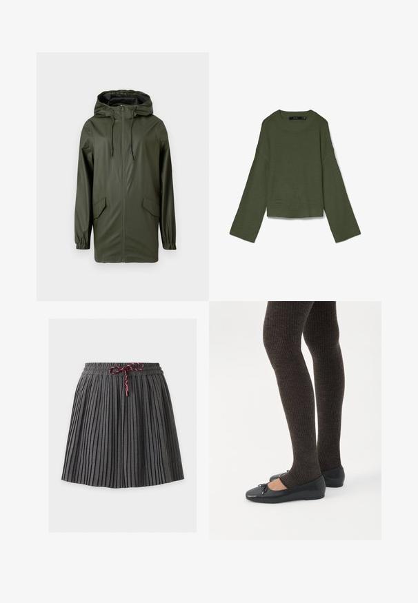 Groene waterdichte regenjas, met een capuchon, een voorruit, elastische manchetten en twee zijzakken. Glad textuur en middellange stijl.; Olivengroene waffle gebreide trui met lange, wijde mouwen, ronde hals en geribde boorden en zoom, plat gelegd op een witte achtergrond.; Donkergrijze geplooide rok met een elastische tailleband en een gebonden bordeaux koord aan de voorkant in het midden.; Benen met donkere geribbelde leggings gecombineerd met zwarte ballerina's met kleine strikdetails op een witte achtergrond.