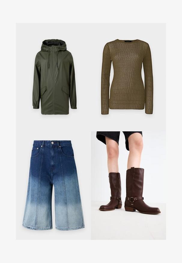 Roheline veekindel vihmakaitse, millel on kapuuts, esineed, elastsed mansetid ja kaks külgtaskut. Sile tekstuur ja keskmise pikkusega disain.; Copenhagen Muse Džemper - military olive; Denim lühikesed püksid, millel on ülemistel tume sinine ja alumistel helesinine gradient, lõdva istuvuse ja ees olevate taskutega.; Pruunid nahast põlvekõrgused saapad, millel on ümar varvas, tekstuuriga pind, pahkluu rihm ja hõbedane detail; klambriga konts.