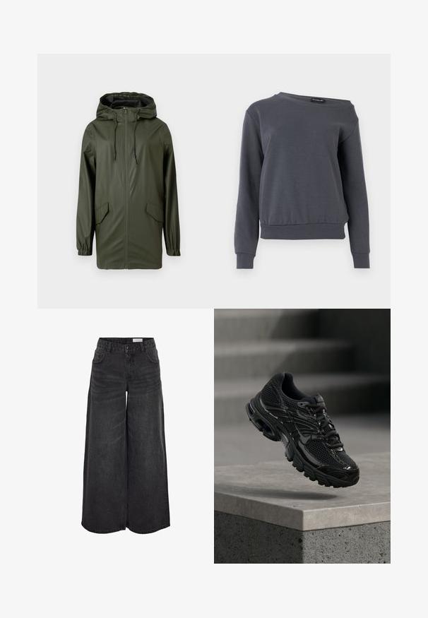 Grüne wasserdichte Regenjacke mit Kapuze, Frontreißverschluss, elastischen Bündchen und zwei Seitentaschen. Glatte Textur und mittellanges Design.; Grauer Pullover aus weichem Stoff, mit Rundhalsausschnitt, langen Ärmeln und einem leicht verkürzten Saum mit gerippten Bündchen und einem gerippten Taillenbund.; Schwarzfarbene, weit geschnittene Jeans mit hoher Taille, Fronttaschen und subtiler Struktur; für eine lockere Passform entworfen.; Schwarzer Nike Laufschuh mit Mesh- und Synthetik-Obermaterial, der über einer Betonfläche und Treppen im Hintergrund schwebt.