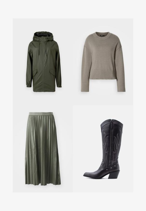 Grüne wasserdichte Regenjacke mit Kapuze, Frontreißverschluss, elastischen Bündchen und zwei Seitentaschen. Glatte Textur und mittellanges Design.; Hellgrauer, kurz geschnittener Pullover mit rundem Ausschnitt, überschnittenen Schultern und gerippten Ärmelbündchen sowie Saum. Weiche Textur, schlichtes Design.; Faltender Midi-Rock in gedämpftem Grün, aus glänzendem Stoff. Verfügt über einen elastischen Taillenbund und fällt bis zur Wade mit gleichmäßig verteilten vertikalen Falten.; Schwarze Cowboy-Stiefel aus Leder mit spitzer Zehenpartie, sichtbarer Nahtführung, silbernen Nietenakzenten und Reißverschluss auf der Innenseite.