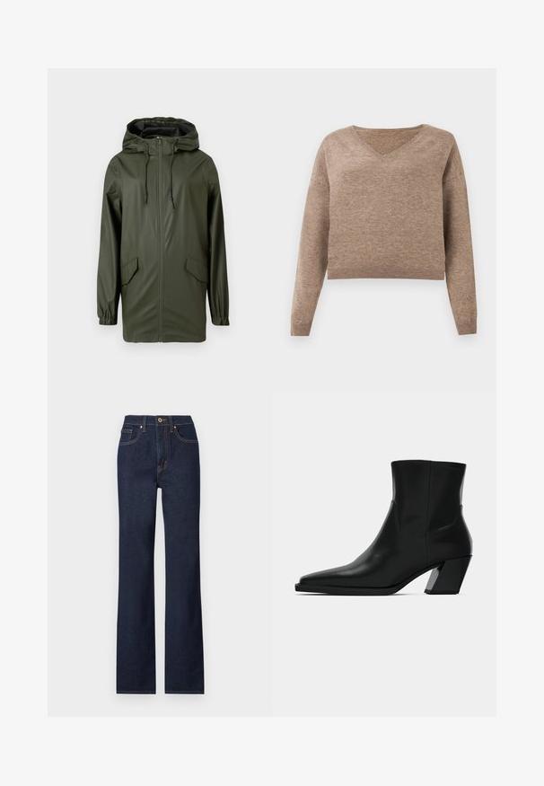 Groene waterdichte regenjas, met een capuchon, een voorruit, elastische manchetten en twee zijzakken. Glad textuur en middellange stijl.; Lichtbruin gebreid sweater met een V-hals, lange mouwen en geribbelde zoom. Zachte textuur met een iets korter ontwerp en geen zichtbare patronen.; Donkerblauwe denim jeans met een rechte pijp, voorzien van een knoopsluiting aan de voorkant, vijf zakken en contrasterende stikdetails.; Zwarte leren enkelboot met een spitse neus, een slanke silhoeet en een chunky vierkante hak. Gladde textuur met minimale stikdetails.