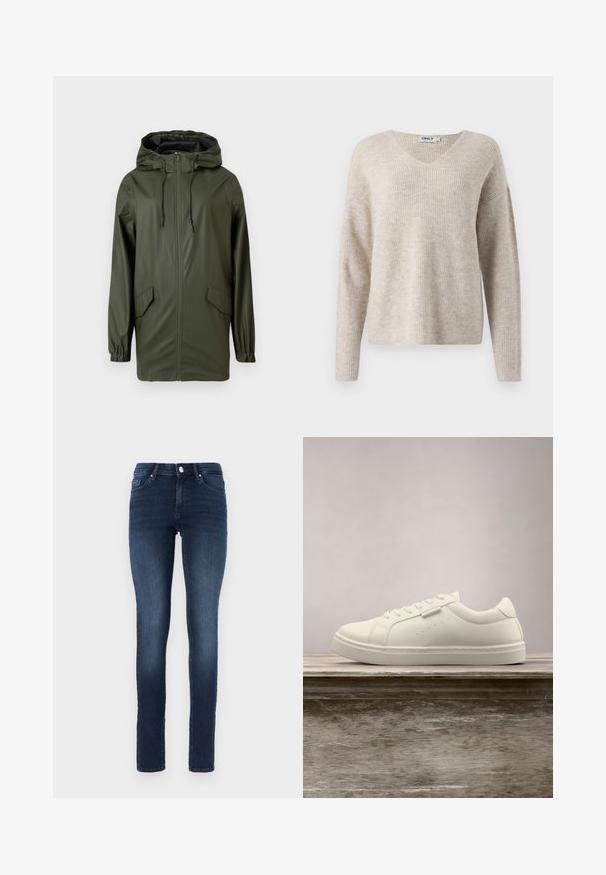 Veste de pluie verte imperméable, dotée d'une capuche, d'une fermeture éclair à l'avant, de poignets élastiques et de deux poches latérales. Texture lisse et design mi-long.; Pull en maille beige avec un décolleté en V, des manches longues et une coupe décontractée. Présente un motif texturé en côtes. Étiquette de la marque visible à l'intérieur du col.; Jean skinny bleu foncé en denim, avec un design classique à cinq poches, fermeture à bouton et un léger délavage au niveau des cuisses.; Baskets en cuir blanc avec des lacets flottant au-dessus d'un banc en bois, herbe verte haute floue en arrière-plan à l'extérieur.