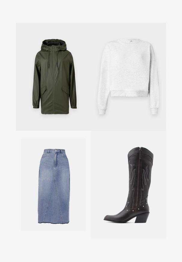 Grüne wasserdichte Regenjacke mit Kapuze, Frontreißverschluss, elastischen Bündchen und zwei Seitentaschen. Glatte Textur und mittellanges Design.; Grauer Baumwoll-Sweatshirt mit Rundhalsausschnitt, überschnittenen Schultern und gerippten Bündchen. Mit einem verkürzten Saum und weichem, strukturiertem Material.; Hellblaue Denim-Midirock mit hohem Bund, vorderen Nähten und ungleichem Saum mit rohen Kanten für ein strukturierte Finish.; Braune Cowboy-Stiefel aus Leder mit Flammenstickerei, seitlichem Reißverschluss, silbernen Nieten, spitzer Zehenpartie und geschichtetem Absatz.