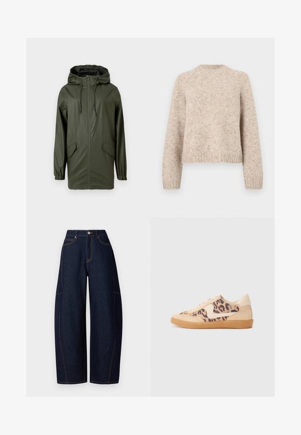 Groene waterdichte regenjas, met een capuchon, een voorruit, elastische manchetten en twee zijzakken. Glad textuur en middellange stijl.; Beige gebreide trui met een ronde hals, lange mouwen en geribbelde manchetten. Gemaakt van een gewoven wolmix met subtiele spikkels overal.; Brede donkerblauwe denim broek met contrasterende oranje stiksels, vijf zakken en een knoop- en ritssluiting aan de taille.; Luipaardprint sneakers met een beige suède bovenkant, tan rubberen zool en witte accenten. Ronde neus en vetersluiting met een gestructureerde afwerking.