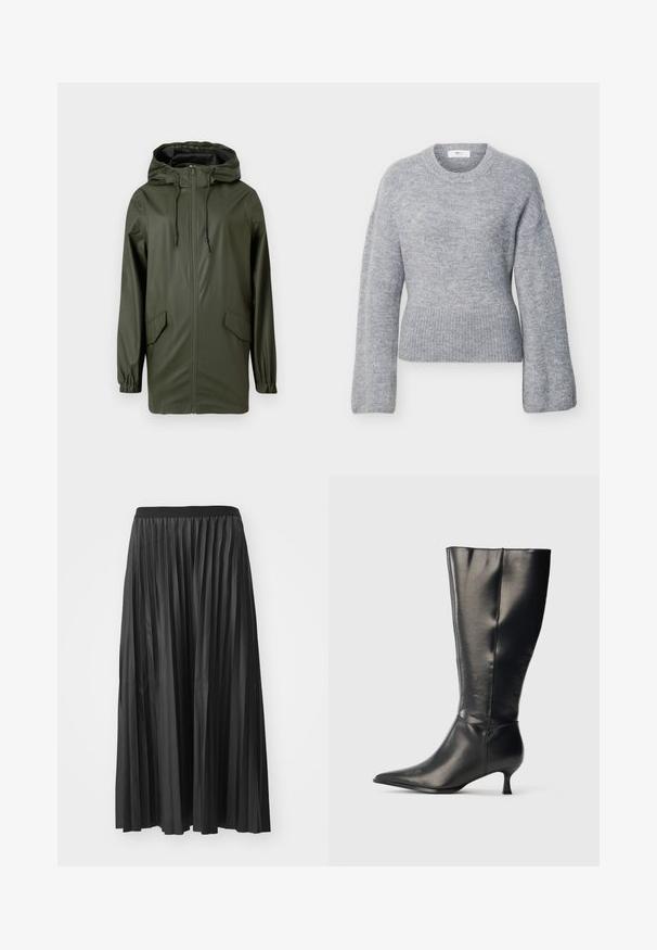Chaqueta de lluvia impermeable verde, con capucha, cremallera frontal, puños elásticos y dos bolsillos laterales. Textura suave y diseño de longitud media.; Suéter de punto de manga larga en gris claro con cuello redondo, puños y dobladillo acanalados, mostrado plano sobre un fondo blanco.; Falda larga negra plisada con una textura suave y cinturilla elástica, que presenta pliegues verticales que crean volumen y movimiento.; Bota negra de cuero hasta la rodilla, con punta afilada y tacón bajo tipo kitten, mostrada sobre un fondo claro y sencillo.