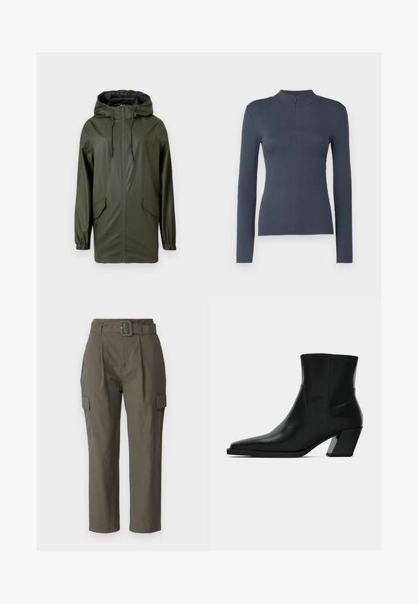 Grüne wasserdichte Regenjacke mit Kapuze, Frontreißverschluss, elastischen Bündchen und zwei Seitentaschen. Glatte Textur und mittellanges Design.; Dunkelgrau geripptes Langarmoberteil mit Stehkragen und kurzem Frontreißverschluss, taillierte Silhouette, präsentiert auf weißem Hintergrund.; Cargo-Hosen in Olivgrün, aus leichtem Stoff. Merkmale sind ein taillierter Bund, Vorderfalten und Seitentaschen mit Klappenverschluss.; Schwarze Leder-Stiefelette mit spitzem Zeh, schlanker Silhouette und klobigem quadratischem Absatz. Glatte Textur mit minimalen Nähdetails.