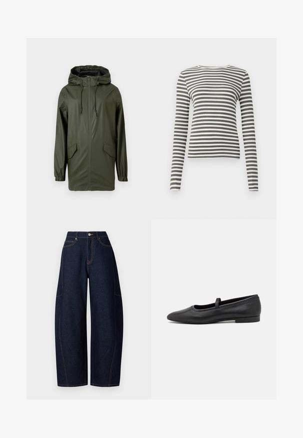 Veste de pluie verte imperméable, dotée d'une capuche, d'une fermeture éclair à l'avant, de poignets élastiques et de deux poches latérales. Texture lisse et design mi-long.; T-shirt à manches longues en vert olive et rayures blanches. Texture côtelée, encolure ronde et coupe ajustée. Pas de matériel ou d'accents visibles.; Pantalons en denim bleu foncé à jambes larges avec des coutures orange contrastantes, cinq poches, et une fermeture à bouton et fermeture éclair à la taille.; Ballerines noires en cuir lisse, avec un bout rond, une petite sangle sur le dessus et un design minimaliste.