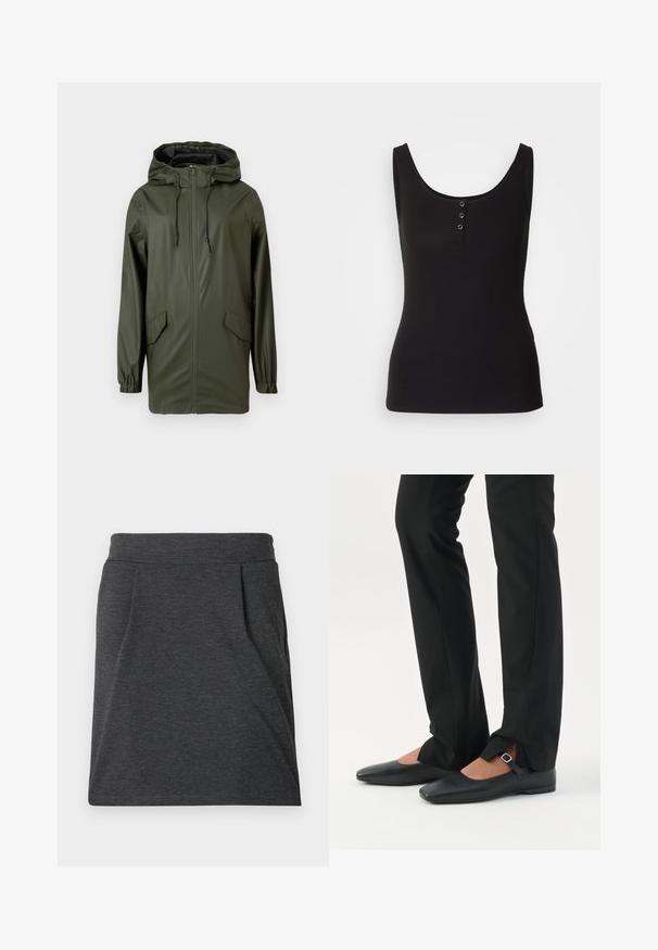 Veste de pluie verte imperméable, dotée d'une capuche, d'une fermeture éclair à l'avant, de poignets élastiques et de deux poches latérales. Texture lisse et design mi-long.; Débardeur noir en tissu côtelé, avec une encolure dégagée et trois boutons-pression en métal sur le devant. Texture lisse, forme ajustée.; Jupe en tissu gris foncé avec une taille ajustée, dotée de plis pour plus de texture. Design droit, détails de couture minimaux et sans motifs.; Jambes vêtues d’un pantalon slim noir avec des fentes à l’avant de l’ourlet, assorties à des chaussures plates Mary Jane noires avec une petite bride à boucle.