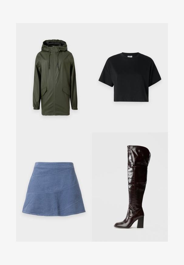 Grøn vandtæt regnjakke med hætte, frontlynlås, elastiske manchetter og to sidelommer. Glat tekstur og mellemlang design.; Sort cropped t-shirt med korte ærmer, rund halsudskæring, lavet af glat bomuldsstof, med minimalistisk design og subtile syninger.; Blå kordfløjl A-formet nederdel med diagonale sømdetaljer, knælang, flad front og subtil tekstur.; Knæhøje, blanke bordeauxrøde læderstøvler med firkantet tå og blokhæl, der har et løstsiddende design og minimale syningsdetaljer.