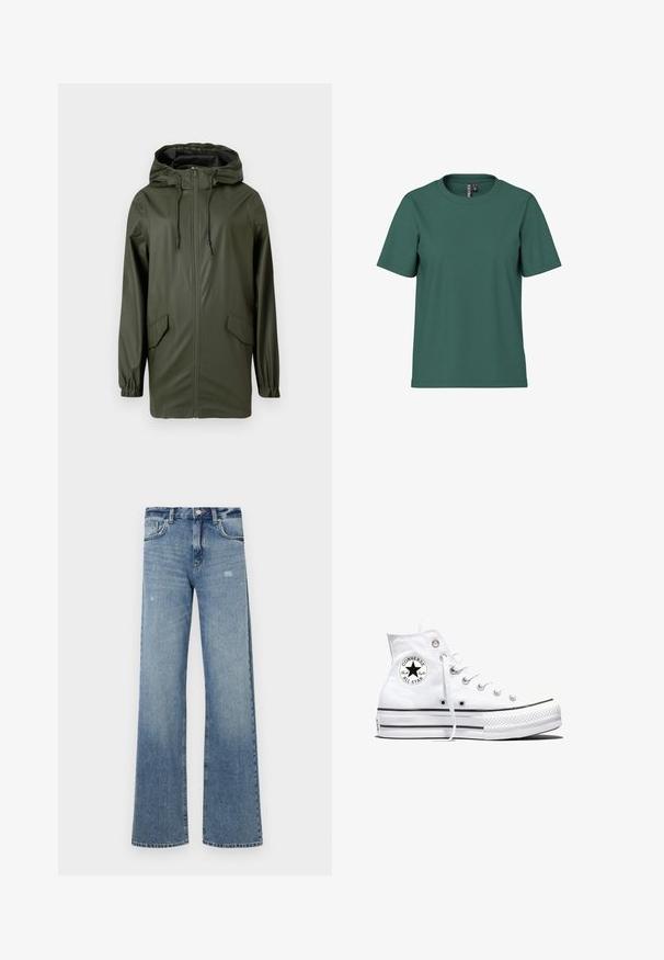 Grøn vandtæt regnjakke med hætte, frontlynlås, elastiske manchetter og to sidelommer. Glat tekstur og mellemlang design.; Kortærmet t-shirt i mørkegrøn bomuld med rund hals. Enkelt, udekoreret design og afslappet pasform. Blød tekstur, ingen mønstre.; Lyseblå denimjeans med høj talje, vidde ben, let slid og traditionel fem-lomme struktur.; Hvid højtop Converse Chuck Taylor All Star-sneaker med sort logo-patch og hvide snørebånd, vist på hvid baggrund.