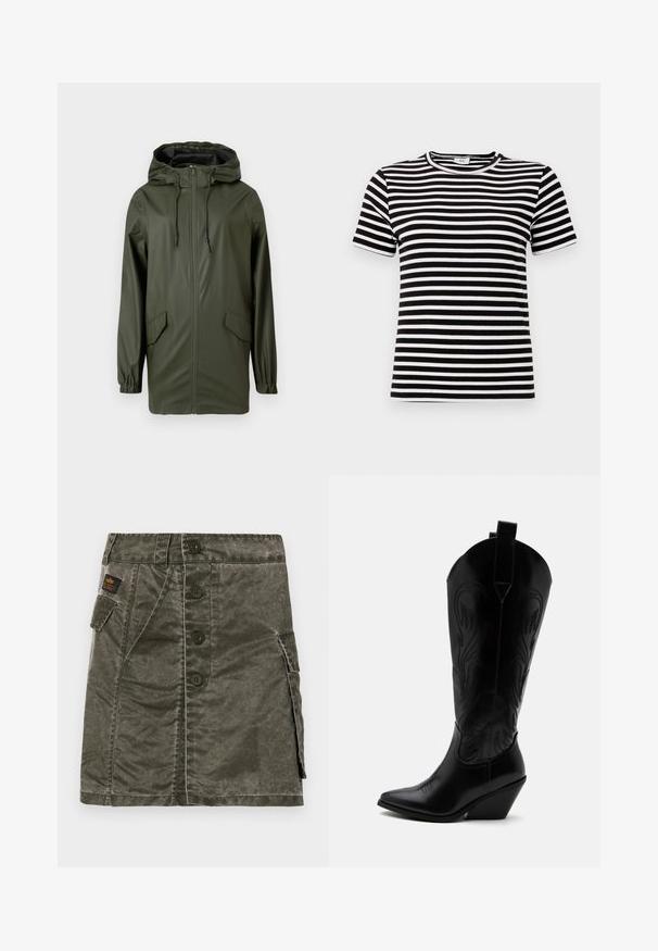 Grüne wasserdichte Regenjacke mit Kapuze, Frontreißverschluss, elastischen Bündchen und zwei Seitentaschen. Glatte Textur und mittellanges Design.; Schwarz-weißer gestreifter T-Shirt mit kurzen Ärmeln, ribbeliger Textur und rundem Ausschnitt. Die Streifen sind gleichmäßig über den Stoff verteilt.; Olivgrüner Rock mit Knopfverschluss, gefertigt aus strukturierter Stoff, mit einer Seiten Tasche und gestickten Details. Reguläre Passform, knielanges Design.; Schwarzer Leder-Cowboystiefel mit spitzer Zehe, schrägem Blockabsatz, dekorativer Naht und Zuglaschen oben vor weißem Hintergrund.