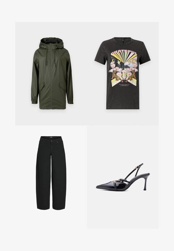 Grøn vandtæt regnjakke med hætte, frontlynlås, elastiske manchetter og to sidelommer. Glat tekstur og mellemlang design.; Sort bomulds t-shirt med et farverigt grafisk design med tigre, blomster og geometriske former. Teksten "GRATEFUL" er fremtrædende.; Sorte vidde-korte jeans med knap- og lynlåslukning foran, lommer foran og bagpå samt mærket bæltelabel.; Sort laklæder spids tå slingback-hæl med tynde stropper og små spænder i guldton på en hvid baggrund.
