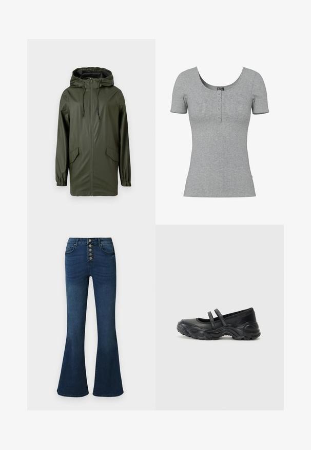 Grüne wasserdichte Regenjacke mit Kapuze, Frontreißverschluss, elastischen Bündchen und zwei Seitentaschen. Glatte Textur und mittellanges Design.; Grau geripptes Kurzarmshirt mit Rundhalsausschnitt und vier kleinen Knöpfen in der Mitte vorne.; Dunkelblaue Jeans mit ausgestelltem Bein, hohem Bund und Fünf-Knopf-Verschluss vorne. Glatte Textur mit dezenten Verblassungen und Nahtdetails.; Schwarze Leder-Mary-Jane-Schuhe mit zwei verstellbaren Riemen, einer abgerundeten Zehenpartie und einer strukturierten Gummisohle für zusätzlichen Grip.