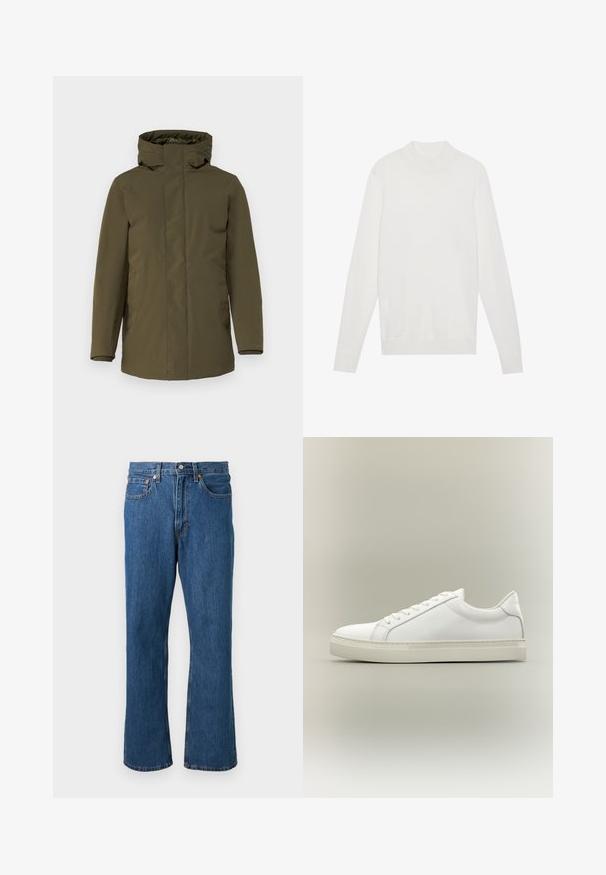 Olivgrüne Parkajacke, wasserdichtes Material, Reißverschluss, verstellbare Kapuze, lange Ärmel und Seitentaschen. Glatte Textur, minimalistisches Design.; Weißer Pullover mit einem hohen Kragen, langen Ärmeln und gerippten Bündchen sowie Saum. Aus einem weichen Strickstoff gefertigt. Einfaches und tailliertes Design.; Blaue gerade geschnittene Jeans aus Denim mit vorderem Knopf und Reißverschluss, fünf Taschen und orangefarbenen Nahtdetails auf einfarbigem Hintergrund.; Weißer Sneaker mit niedrigem Schaft, vorn mit Schnürung und dicker Sohle, aus der Seitenansicht vor neutralem Hintergrund.
