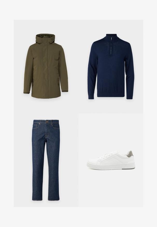 Olivovo zelená parka s vodoodolnou textíliou, so zipsom, nastaviteľnou kapucňou, dlhými rukávmi a bočnými vreckami. Hladká textúra, minimalistický dizajn.; Námornícky modrý pulóver s dlhými rukávmi a zipsom na štvrť. Hladká textura, priliehavý strih, minimálne švy a žiadne viditeľné logo.; Tmavomodré džínsy vyrobené z denimovej látky so strihom rovného nohu, s gombíkovým zapínaním, piatimi vreckami a kontrastnými stehmi.; Biele tenisky z hladkej koženej tkaniny, zaoblenou špičkou, minimalistickým dizajnom, sivým akcentom na päte a textúrovanou gumovou podrážkou.