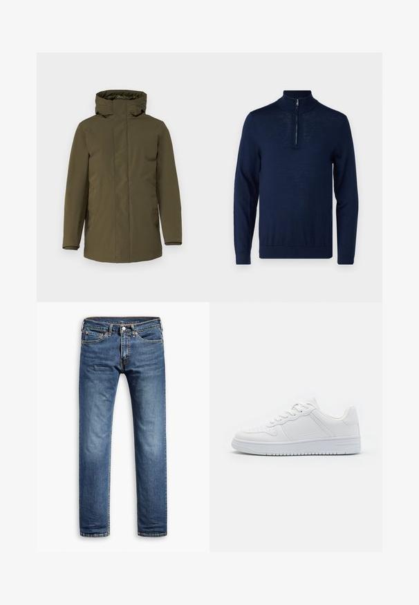 Oliivroheline parka jakk, veekindel kangas, tõmblukuga sulgemine, reguleeritav kapuuts, pikad varrukad ja küljetaskud. Sile tekstuur, minimalistlik disain.; Tumesinine, pika varrukaga pullover neljanda osa lukuga kaelusega. Sile tekstuur, vormitud disain, minimaalne õmbluste detail ja nähtamatud logo puudumine.; Sinine denimist teksad sirge jala disainiga, klassikaline viie tasku stiil, õrn fade ja tikandi aktsendid õmbluste ääres.; Valged tossud, mis on valmistatud sileda sünteetilise materjali, lamekinnastega, perforatsiooniotstega ja kummiseguste tallaga, millel on tekstuuriline haarde muster.