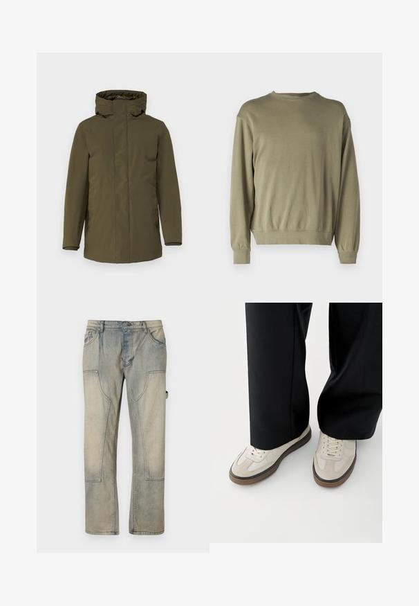 Olivovo zelená parka s vodoodolnou textíliou, so zipsom, nastaviteľnou kapucňou, dlhými rukávmi a bočnými vreckami. Hladká textúra, minimalistický dizajn.; Olivovo zelená mikina s dlhým rukávom vyrobená z mäkkej zmesi bavlny. Má okrúhly výstrih a rebrované manžety s voľným strihom.; Svetlomodré vyblednuté džínsy s voľným strihom, obsahujúce veľké predné vrecká a kontrastný šev. Látka má jemnú, nosenú textúru.; Nohy v béžových teniskách s hnedými podrážkami a čierne široké nohavice na bielom pozadí.