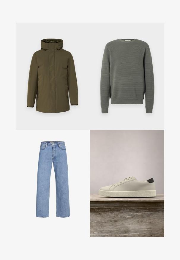 Olivgrüne Parkajacke, wasserdichtes Material, Reißverschluss, verstellbare Kapuze, lange Ärmel und Seitentaschen. Glatte Textur, minimalistisches Design.; Grüner gerippter Pullover mit Rundhalsausschnitt, strukturiertem Material, langen Ärmeln sowie gerippten Bündchen und Saum. Schlichte, gerade Schnittführung.; Helle blaue Jeans im weiten Schnitt mit hoher Taille, Fünf-Taschen-Design und dezenten Nähten. Glatte Textur und gerade geschnittene Beine.; Weißer Sneaker mit strukturierter Sohle und schwarzem Absatzdetail, schwebend über einer Holzbank mit hohem grünem Gras im Hintergrund.