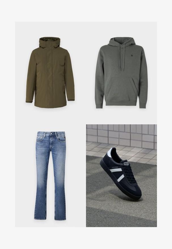 Olivgrüne Parkajacke, wasserdichtes Material, Reißverschluss, verstellbare Kapuze, lange Ärmel und Seitentaschen. Glatte Textur, minimalistisches Design.; Dunkelgrüner Baumwollhoodie mit Kängurutasche, verstellbarem Kordelzug an der Kapuze und dezentem Logo auf der Brust; glatte Textur und lässige Passform.; Helle Blaujeans aus Denim mit einem ausgestellten Bein-Design, das fünf Taschen, einen Knopfverschluss vorne und dezente Verblassungen aufweist.; Schwarze Leder-Sneaker mit weißen Streifen, strukturiertem Gummisohle und Schnürung. Verfügt über ein Markenetikett auf der Zunge.