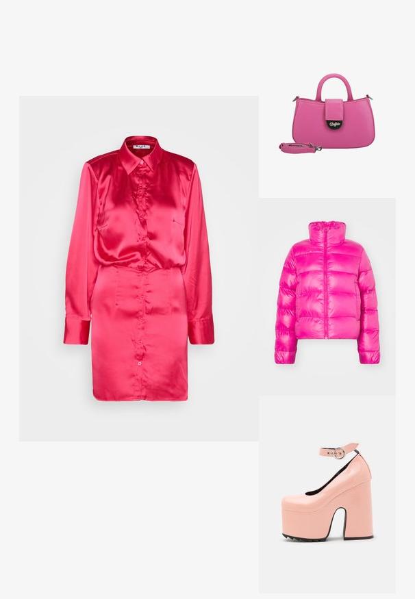 Chaqueta de plumas corta de color rosa brillante con cuello alto, que presenta una cremallera frontal completa y una textura acolchada en el cuerpo.; NA-KD SHIRT MINI DRESS - Vestido camisero - pink; LAMODA POWER TRIP CHUNKY PLATFORM - Tacones - pink; Bolso de mano sintético rosa con forma redondeada, asas superiores, cierre de solapa y herrajes plateados. Incluye una correa de hombro desmontable.