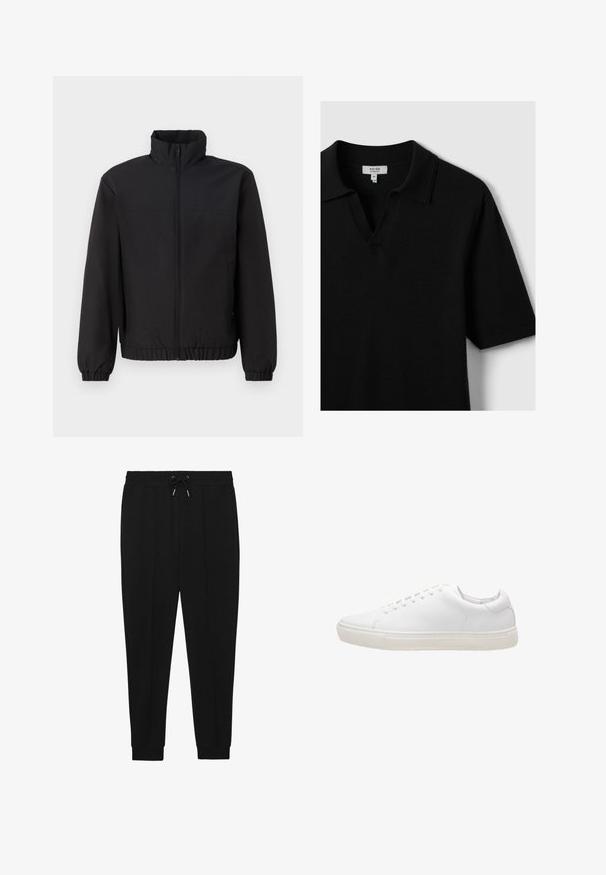 Zwarte jas met hoge kraag, een ritssluiting aan de voorkant, elastische manchetten en een elastische tailleband. Gladde textuur, eenvoudig ontwerp zonder patronen of accenten.; Zwart kortemouwen poloshirt van zachte stof, met een v-hals en een klassieke kraag, met minimale stiksels en geen zichtbare patronen.; Zwarte sportbroek met een trekkoord in de taille, taps toelopende benen en ribbels aan de manchetten. Gemaakt van een zachte stof met een gladde textuur.; Witte leren sneaker met een gladde textuur, ronde neus, vetersluiting en een platte rubberen zool. Minimalistisch ontwerp zonder zichtbare patronen.